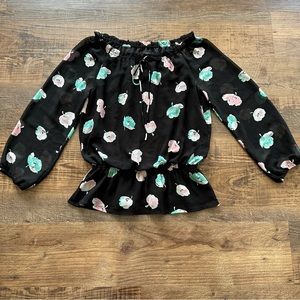 Ann Taylor Blouse Black Floral Print Long Sleeve Peplum Size XS